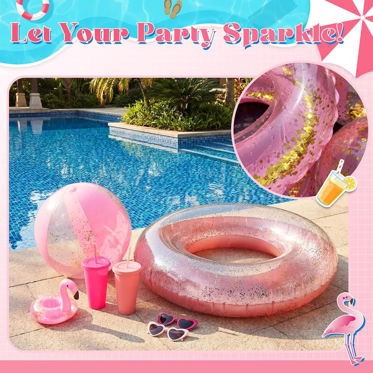 40 Pcs Bachelorette Pool Party Favors Pink Inflatable Pool Rings Beach Balls Heart Sunglasses Cups Drink Holders for Women Bridal Shower Summer Birthday Party Supplies