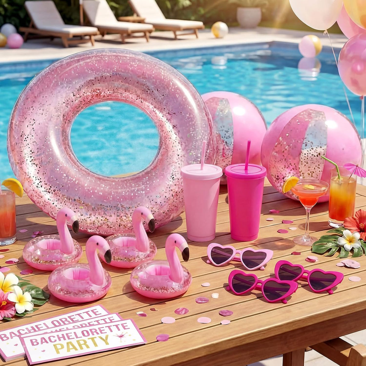 40 Pcs Bachelorette Pool Party Favors Pink Inflatable Pool Rings Beach Balls Heart Sunglasses Cups Drink Holders for Women Bridal Shower Summer Birthday Party Supplies