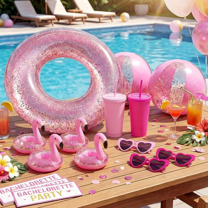 40 Pcs Bachelorette Pool Party Favors Pink Inflatable Pool Rings Beach Balls Heart Sunglasses Cups Drink Holders for Women Bridal Shower Summer Birthday Party Supplies