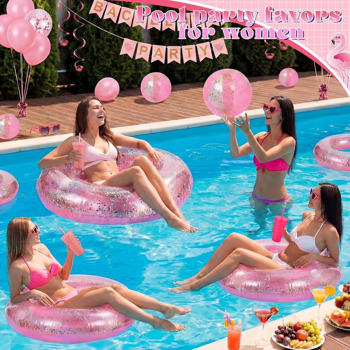 40 Pcs Bachelorette Pool Party Favors Pink Inflatable Pool Rings Beach Balls Heart Sunglasses Cups Drink Holders for Women Bridal Shower Summer Birthday Party Supplies