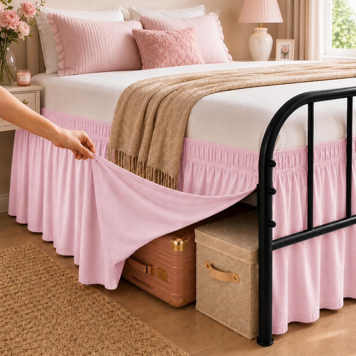 RIMELA Twin Bed Skirt 15 Inch Drop Dusty Pink Split Corners Dust Ruffle