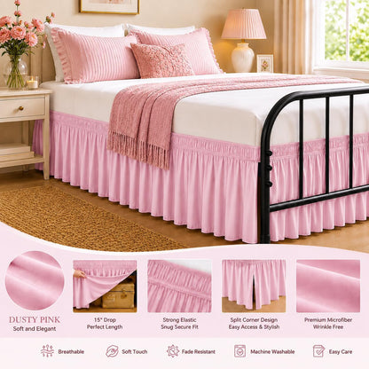 RIMELA Twin Bed Skirt 15 Inch Drop Dusty Pink Split Corners Dust Ruffle