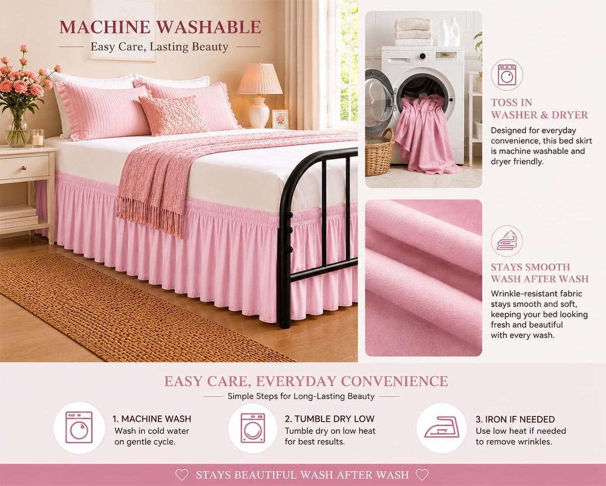 RIMELA Twin Bed Skirt 15 Inch Drop Dusty Pink Split Corners Dust Ruffle