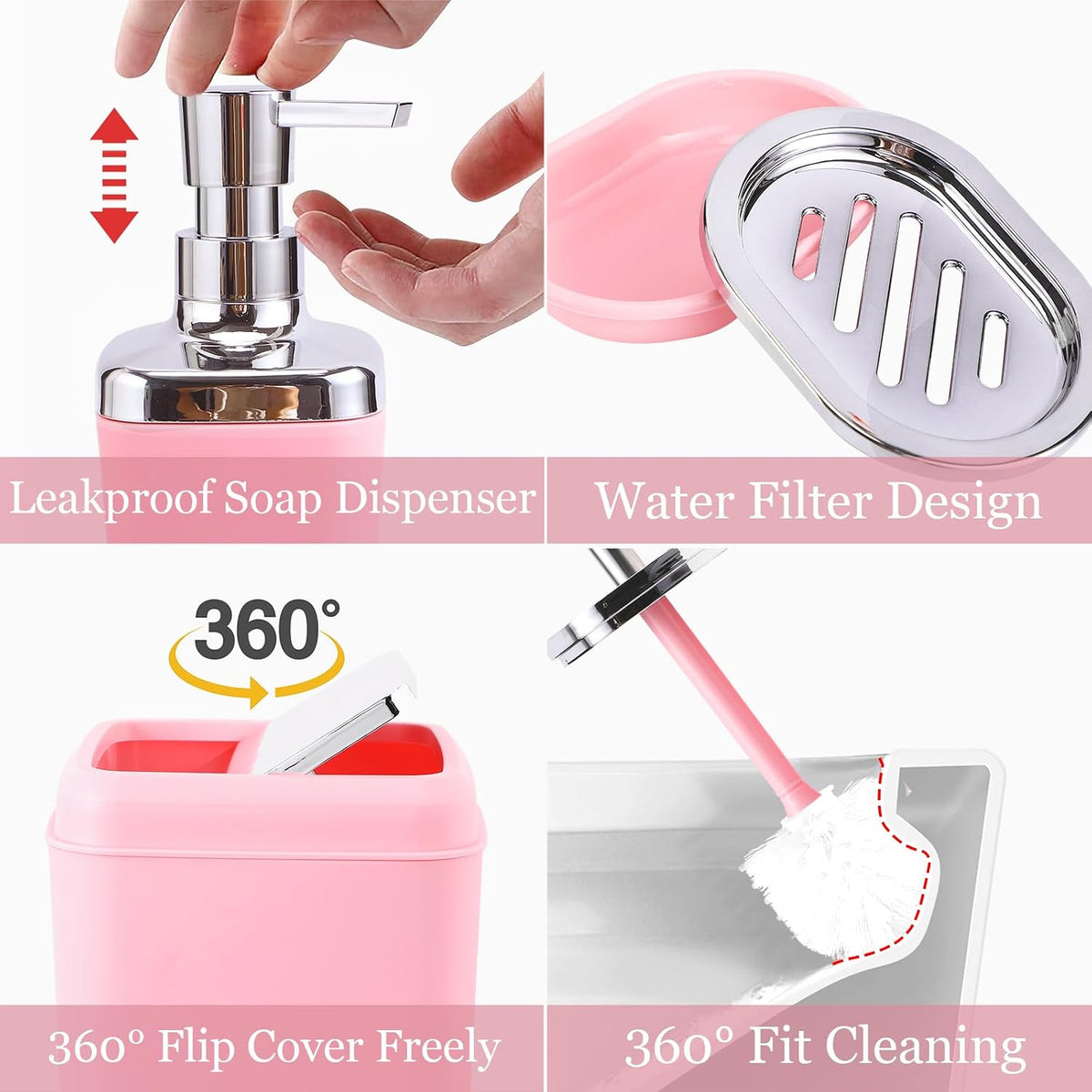 XLHOMO Pink Bathroom Set, 9 Pieces Bathroom Accessory Set
