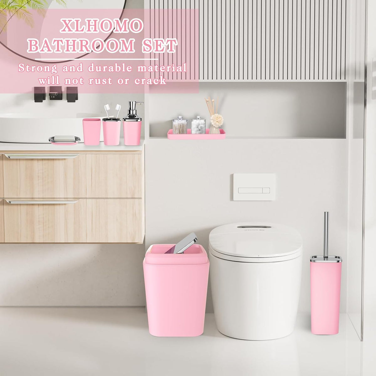 XLHOMO Pink Bathroom Set, 9 Pieces Bathroom Accessory Set