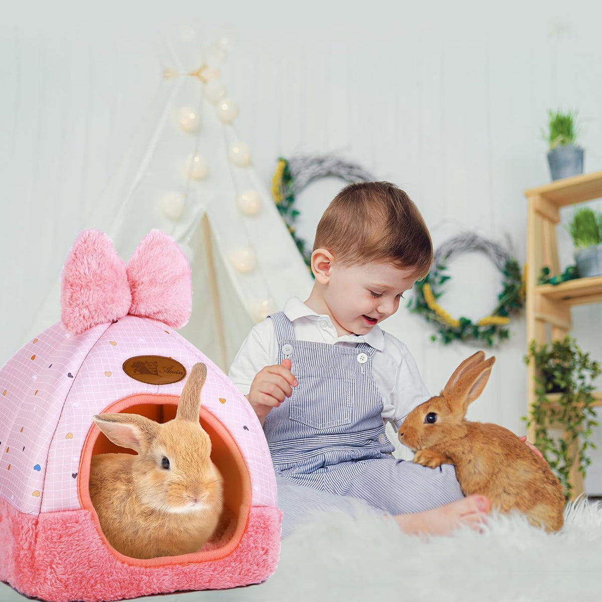Bunny Bed Hideout House Cage Accessory for Rabbit Guinea Pig Hamster Cozy and Warm Rabbit Bed with Cute Bowknot Design