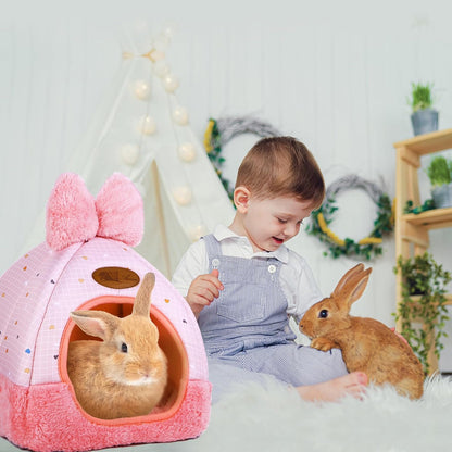 Bunny Bed Hideout House Cage Accessory for Rabbit Guinea Pig Hamster Cozy and Warm Rabbit Bed with Cute Bowknot Design