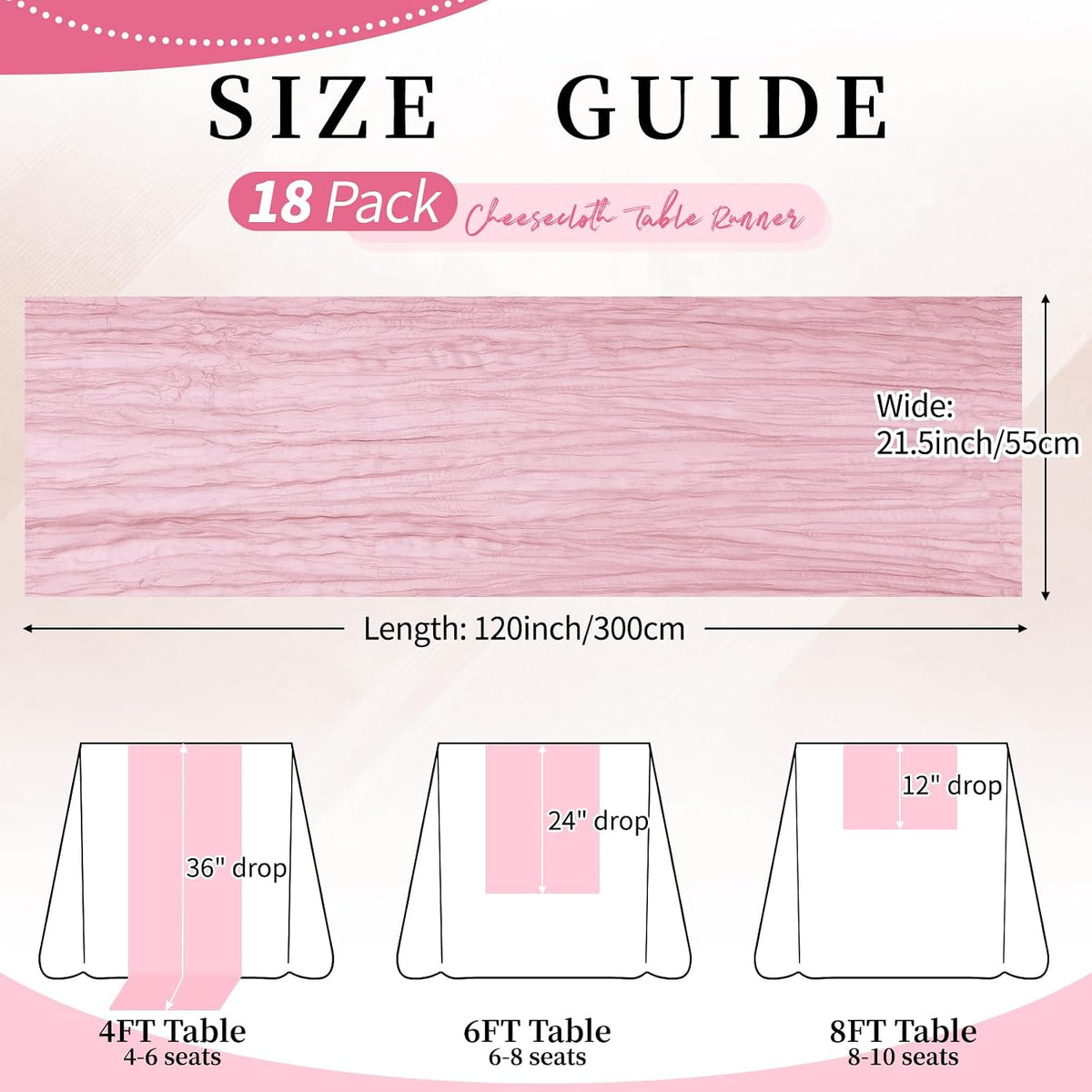 18 Pack Pink Cheesecloth Table Runner 21.5x120 Inch, Semi Sheer Boho Gauze Cheese Cloth Fabric Table Runners 10 FT Long for Wedding Party Baby Shower Birthday Home Decor