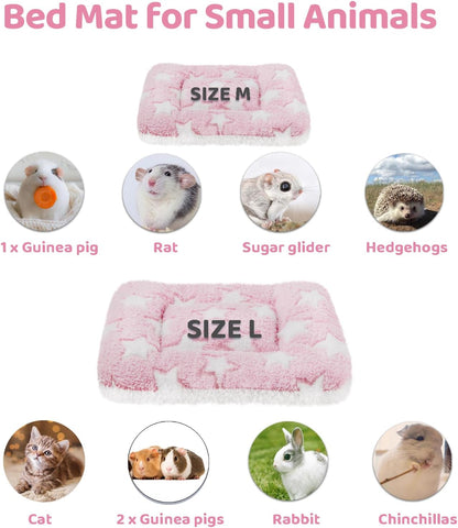 2 Pcs Guinea Pig Bed Mat Washable, Rabbit Winter Bed Pad for Indoor, Warm Small Animal Bed Mattres, Fleece Sleeping Pad for Bunny, Rat, Hedgehog, Sugar Glider, Chinchilla (Pink Star, Large)