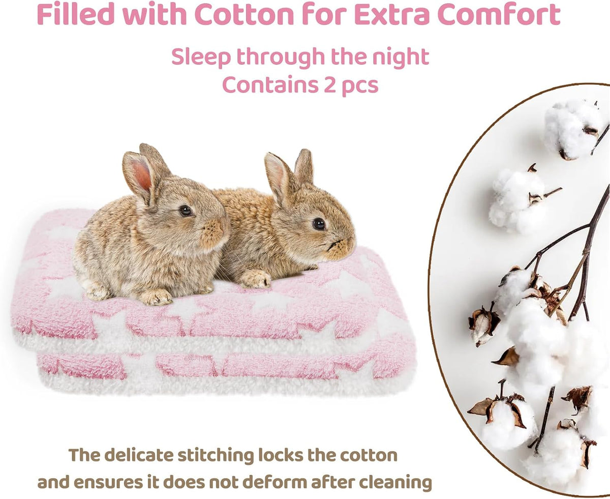 2 Pcs Guinea Pig Bed Mat Washable, Rabbit Winter Bed Pad for Indoor, Warm Small Animal Bed Mattres, Fleece Sleeping Pad for Bunny, Rat, Hedgehog, Sugar Glider, Chinchilla (Pink Star, Large)
