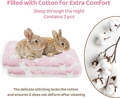 2 Pcs Guinea Pig Bed Mat Washable, Rabbit Winter Bed Pad for Indoor, Warm Small Animal Bed Mattres, Fleece Sleeping Pad for Bunny, Rat, Hedgehog, Sugar Glider, Chinchilla (Pink Star, Large)