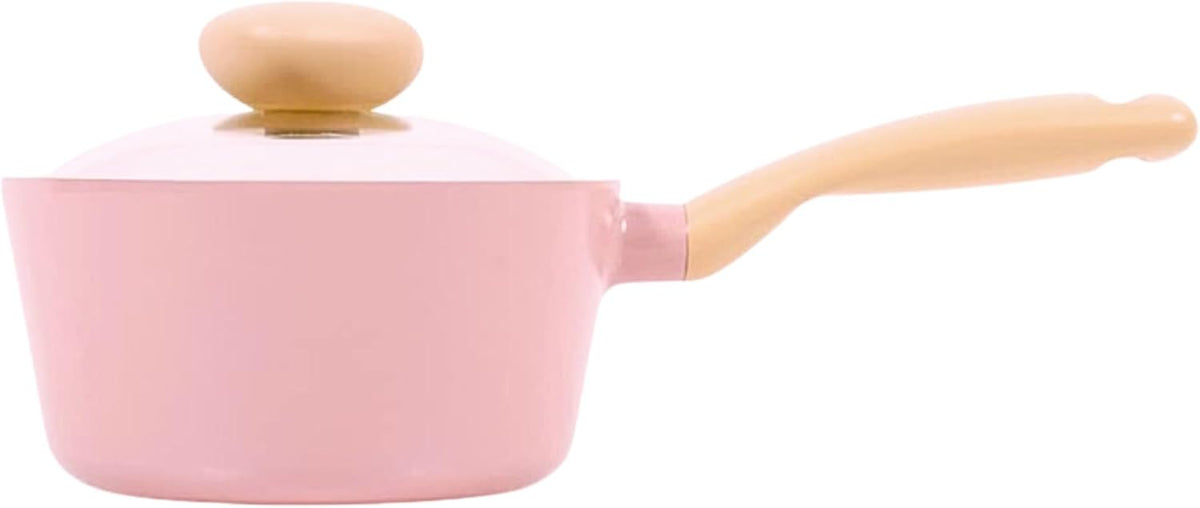 Retro 1.5Qt Nonstick Saucepan with Glass Lid, 7-Inch Ceramic Coated Sauce Pot & Melting Pot for Soup, Ramen & Noodles, Pink Cookware with Bakelite Handle, Dishwasher Safe, Made in Korea (18cm)