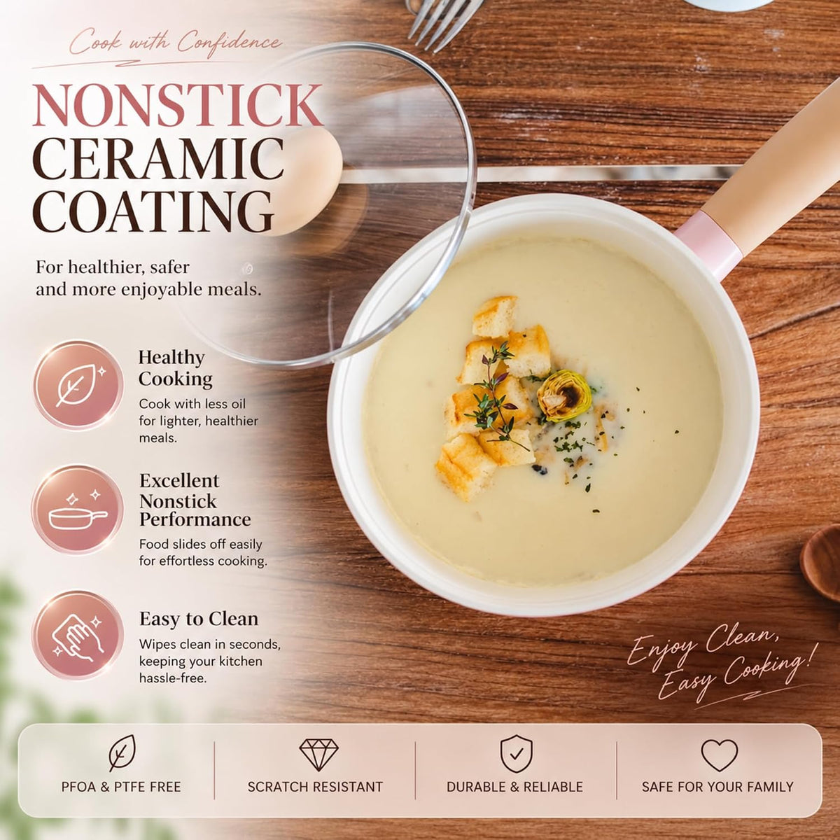 Retro 1.5Qt Nonstick Saucepan with Glass Lid, 7-Inch Ceramic Coated Sauce Pot & Melting Pot for Soup, Ramen & Noodles, Pink Cookware with Bakelite Handle, Dishwasher Safe, Made in Korea (18cm)
