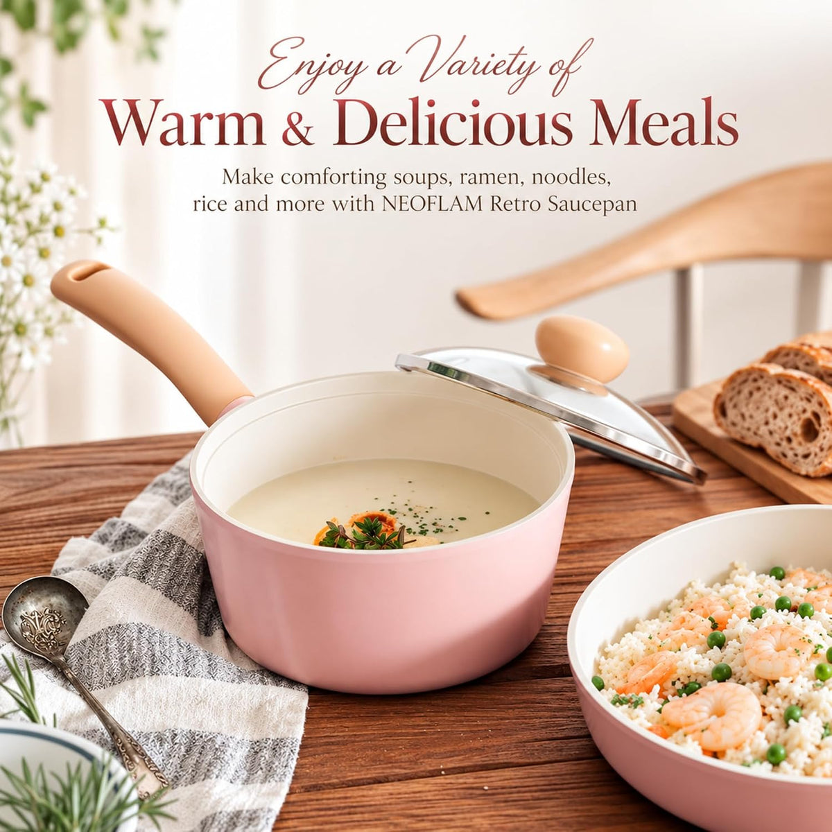 Retro 1.5Qt Nonstick Saucepan with Glass Lid, 7-Inch Ceramic Coated Sauce Pot & Melting Pot for Soup, Ramen & Noodles, Pink Cookware with Bakelite Handle, Dishwasher Safe, Made in Korea (18cm)
