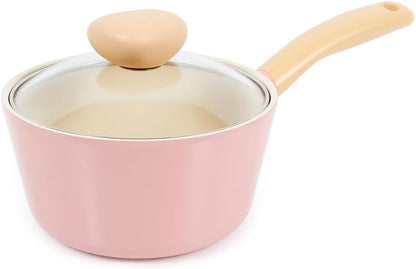 Retro 1.5Qt Nonstick Saucepan with Glass Lid, 7-Inch Ceramic Coated Sauce Pot & Melting Pot for Soup, Ramen & Noodles, Pink Cookware with Bakelite Handle, Dishwasher Safe, Made in Korea (18cm)