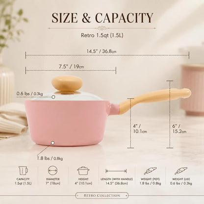 Retro 1.5Qt Nonstick Saucepan with Glass Lid, 7-Inch Ceramic Coated Sauce Pot & Melting Pot for Soup, Ramen & Noodles, Pink Cookware with Bakelite Handle, Dishwasher Safe, Made in Korea (18cm)