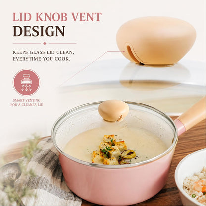 Retro 1.5Qt Nonstick Saucepan with Glass Lid, 7-Inch Ceramic Coated Sauce Pot & Melting Pot for Soup, Ramen & Noodles, Pink Cookware with Bakelite Handle, Dishwasher Safe, Made in Korea (18cm)