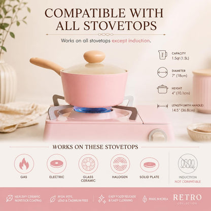Retro 1.5Qt Nonstick Saucepan with Glass Lid, 7-Inch Ceramic Coated Sauce Pot & Melting Pot for Soup, Ramen & Noodles, Pink Cookware with Bakelite Handle, Dishwasher Safe, Made in Korea (18cm)