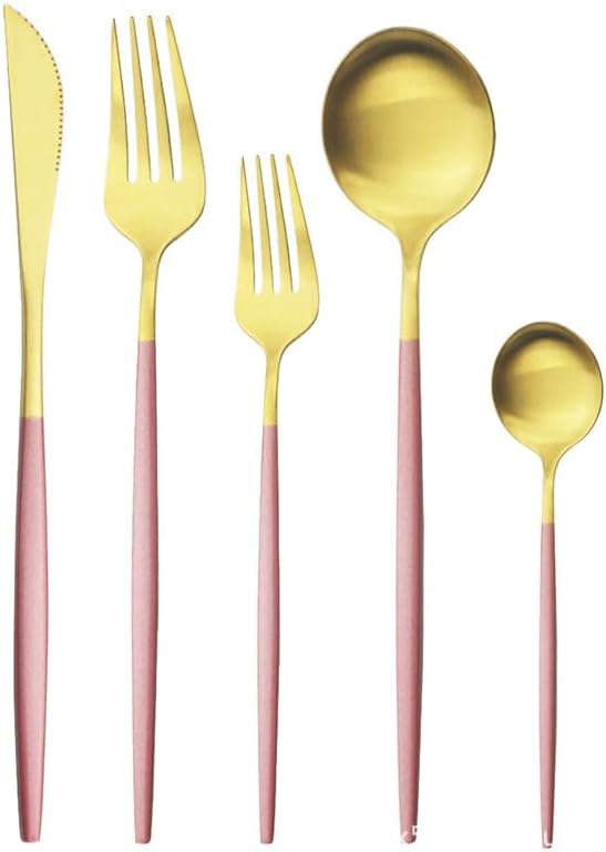 5/20/30/40/50/60pcs Pink Gold Stainless Steel Cutlery Set Portuguese Matte Cutlery Tea Spoon(Pink Gold,1Set-5Pcs)