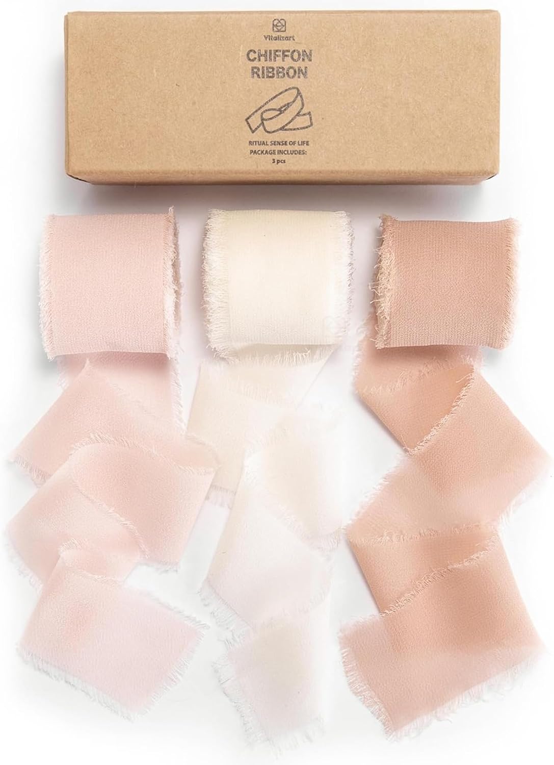 Handmade Chiffon Silk Ribbon 1.5" x 21 Yd Pink & Cream Frayed