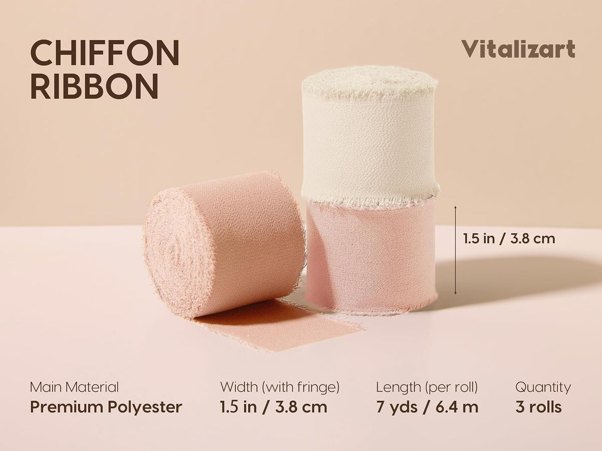 Handmade Chiffon Silk Ribbon 1.5" x 21 Yd Pink & Cream Frayed