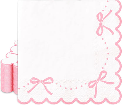 100 Pcs Pink Bow Scalloped Paper Napkin Coquette Bowknot Napkin Disposable Luncheon Dinner Napkins for Home Kitchen Party Supplies