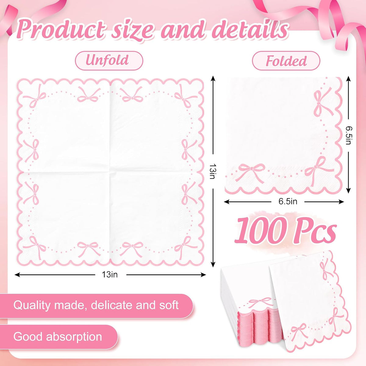 100 Pcs Pink Bow Scalloped Paper Napkin Coquette Bowknot Napkin Disposable Luncheon Dinner Napkins for Home Kitchen Party Supplies