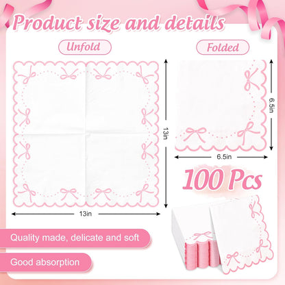 100 Pcs Pink Bow Scalloped Paper Napkin Coquette Bowknot Napkin Disposable Luncheon Dinner Napkins for Home Kitchen Party Supplies