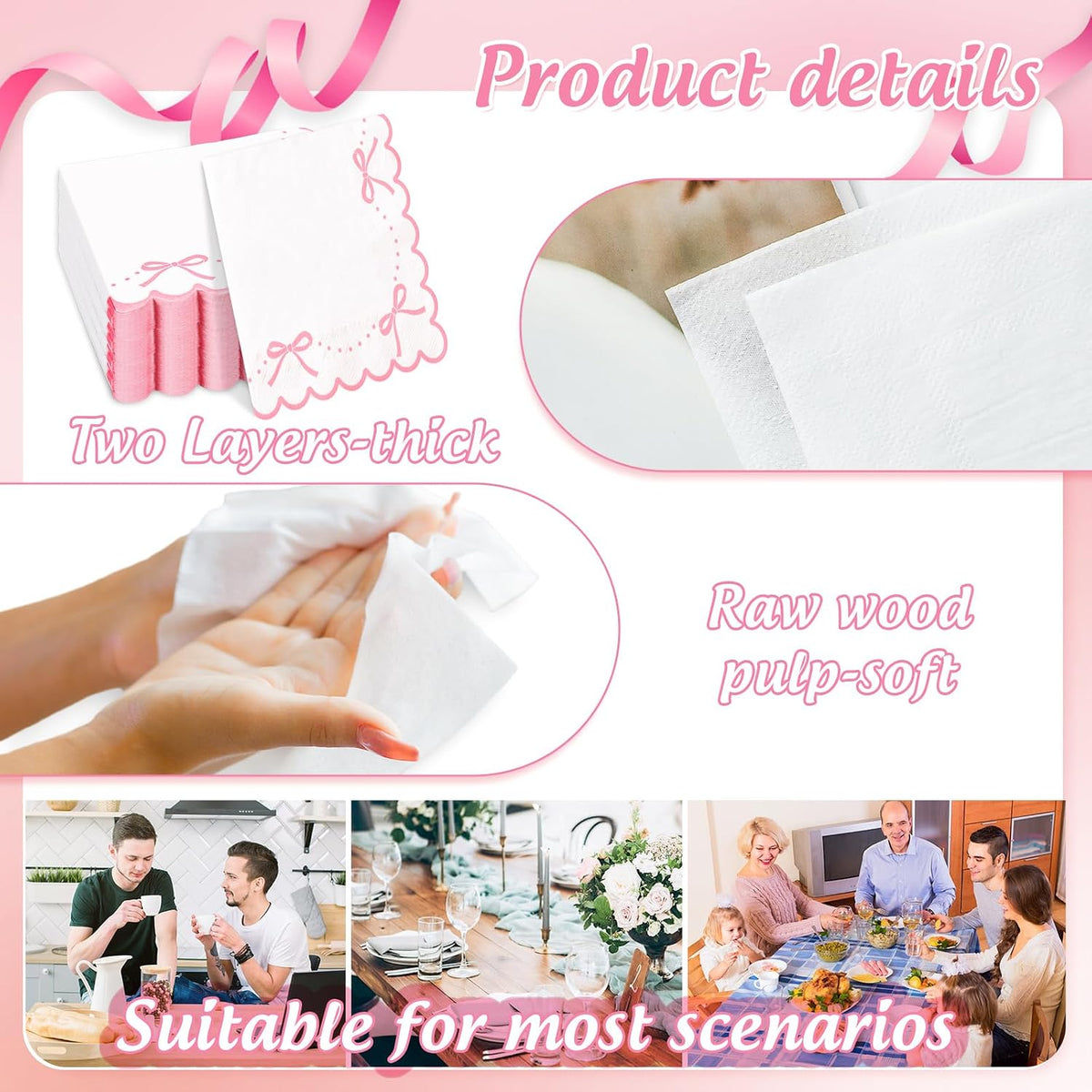 100 Pcs Pink Bow Scalloped Paper Napkin Coquette Bowknot Napkin Disposable Luncheon Dinner Napkins for Home Kitchen Party Supplies