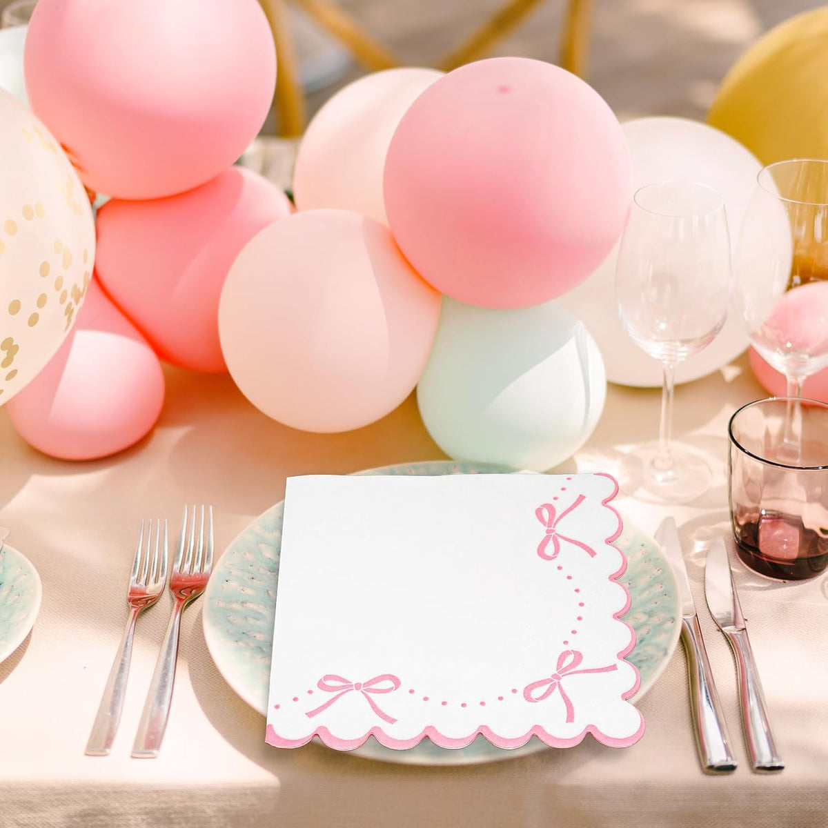 100 Pcs Pink Bow Scalloped Paper Napkin Coquette Bowknot Napkin Disposable Luncheon Dinner Napkins for Home Kitchen Party Supplies