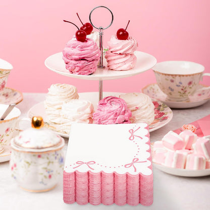 100 Pcs Pink Bow Scalloped Paper Napkin Coquette Bowknot Napkin Disposable Luncheon Dinner Napkins for Home Kitchen Party Supplies