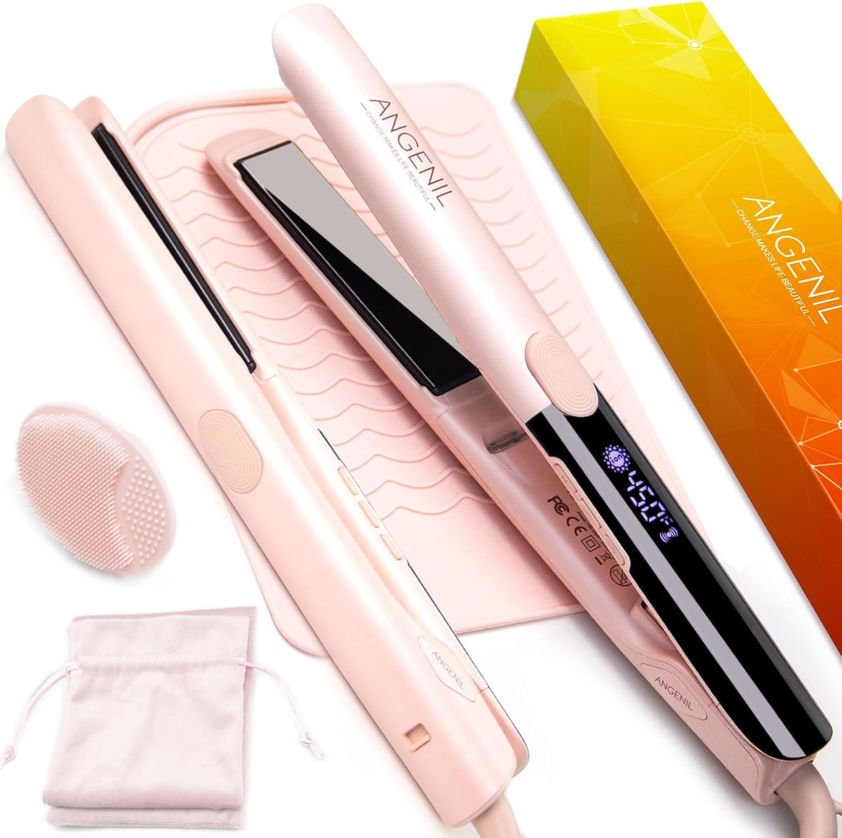 Pro Titanium Flat Iron Hair Straightener and Curler 2 in 1 with Heat Resistant Silicone Mat, Round Pink Dual Voltage Hair Straightener Irons, Smoothness, Large LCD Display, 20s Fast Heating