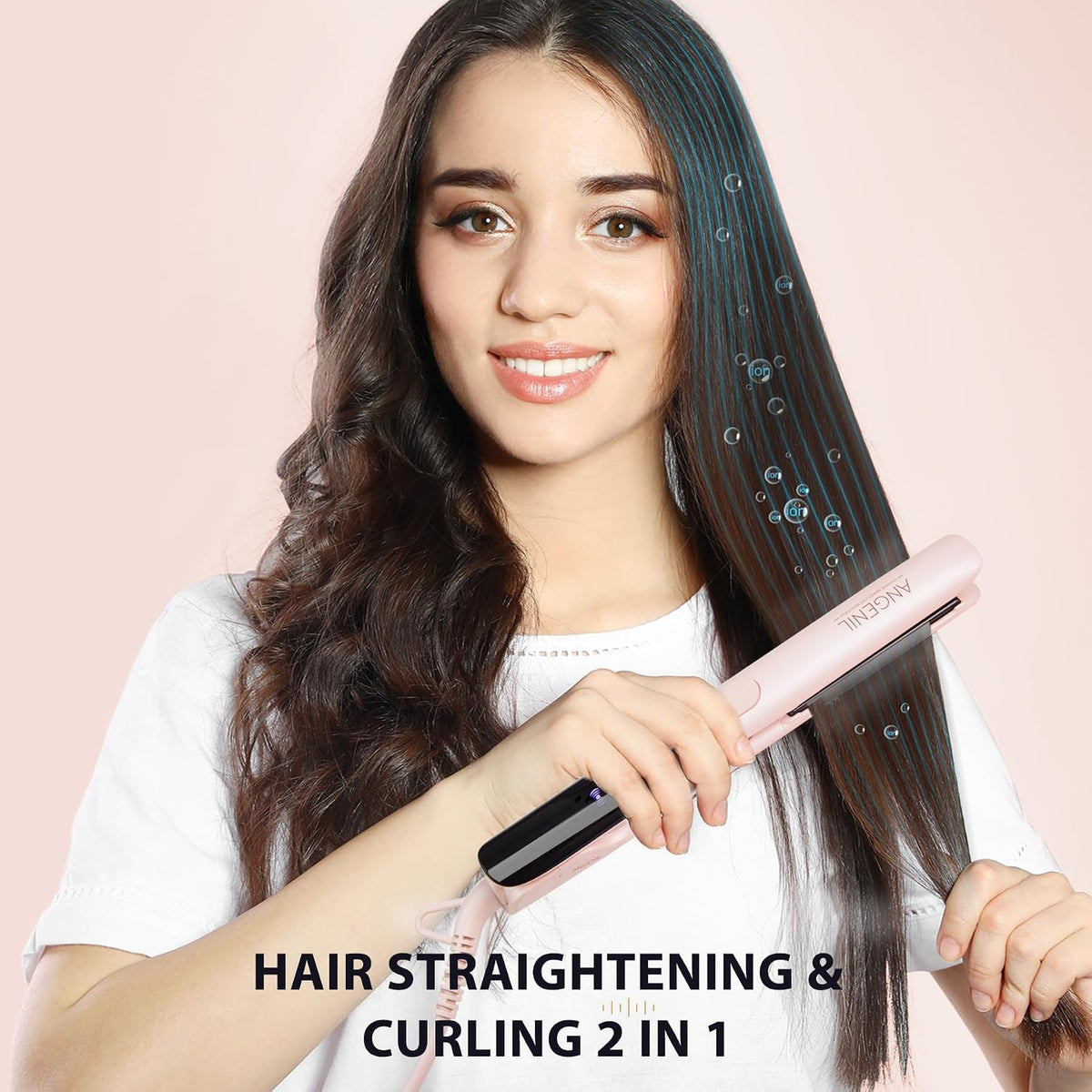Pro Titanium Flat Iron Hair Straightener and Curler 2 in 1 with Heat Resistant Silicone Mat, Round Pink Dual Voltage Hair Straightener Irons, Smoothness, Large LCD Display, 20s Fast Heating