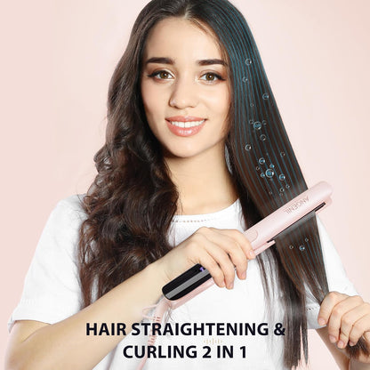 Pro Titanium Flat Iron Hair Straightener and Curler 2 in 1 with Heat Resistant Silicone Mat, Round Pink Dual Voltage Hair Straightener Irons, Smoothness, Large LCD Display, 20s Fast Heating