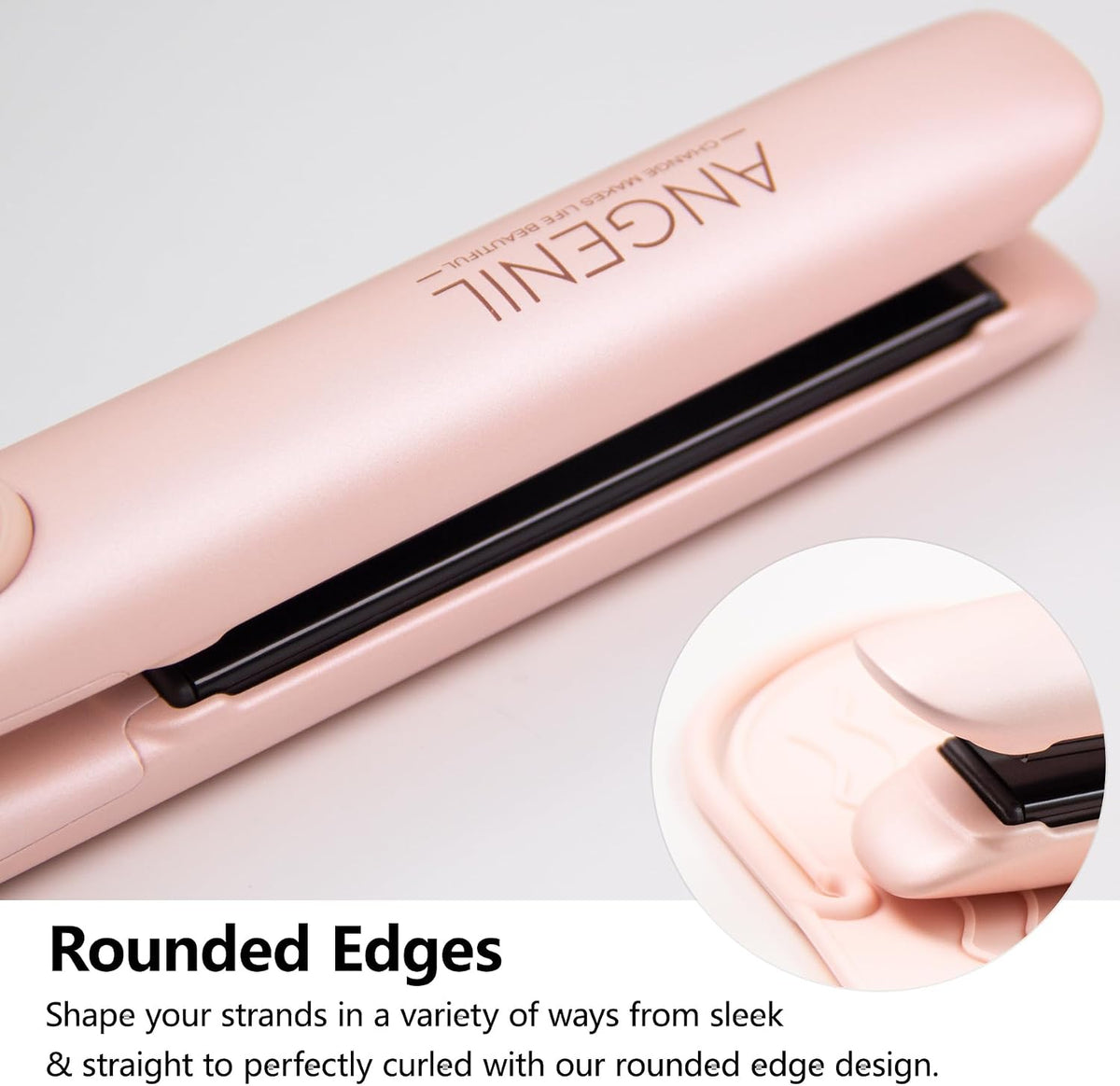 Pro Titanium Flat Iron Hair Straightener and Curler 2 in 1 with Heat Resistant Silicone Mat, Round Pink Dual Voltage Hair Straightener Irons, Smoothness, Large LCD Display, 20s Fast Heating