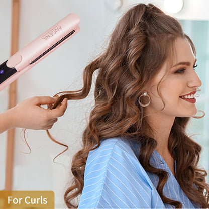Pro Titanium Flat Iron Hair Straightener and Curler 2 in 1 with Heat Resistant Silicone Mat, Round Pink Dual Voltage Hair Straightener Irons, Smoothness, Large LCD Display, 20s Fast Heating