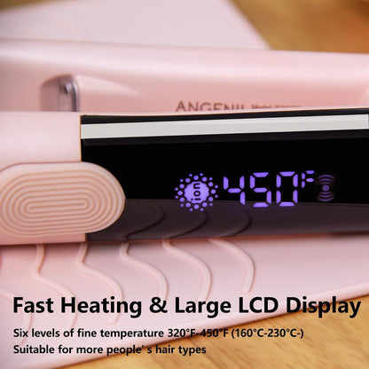 Pro Titanium Flat Iron Hair Straightener and Curler 2 in 1 with Heat Resistant Silicone Mat, Round Pink Dual Voltage Hair Straightener Irons, Smoothness, Large LCD Display, 20s Fast Heating