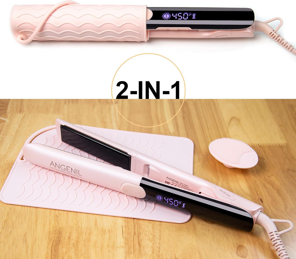 Pro Titanium Flat Iron Hair Straightener and Curler 2 in 1 with Heat Resistant Silicone Mat, Round Pink Dual Voltage Hair Straightener Irons, Smoothness, Large LCD Display, 20s Fast Heating