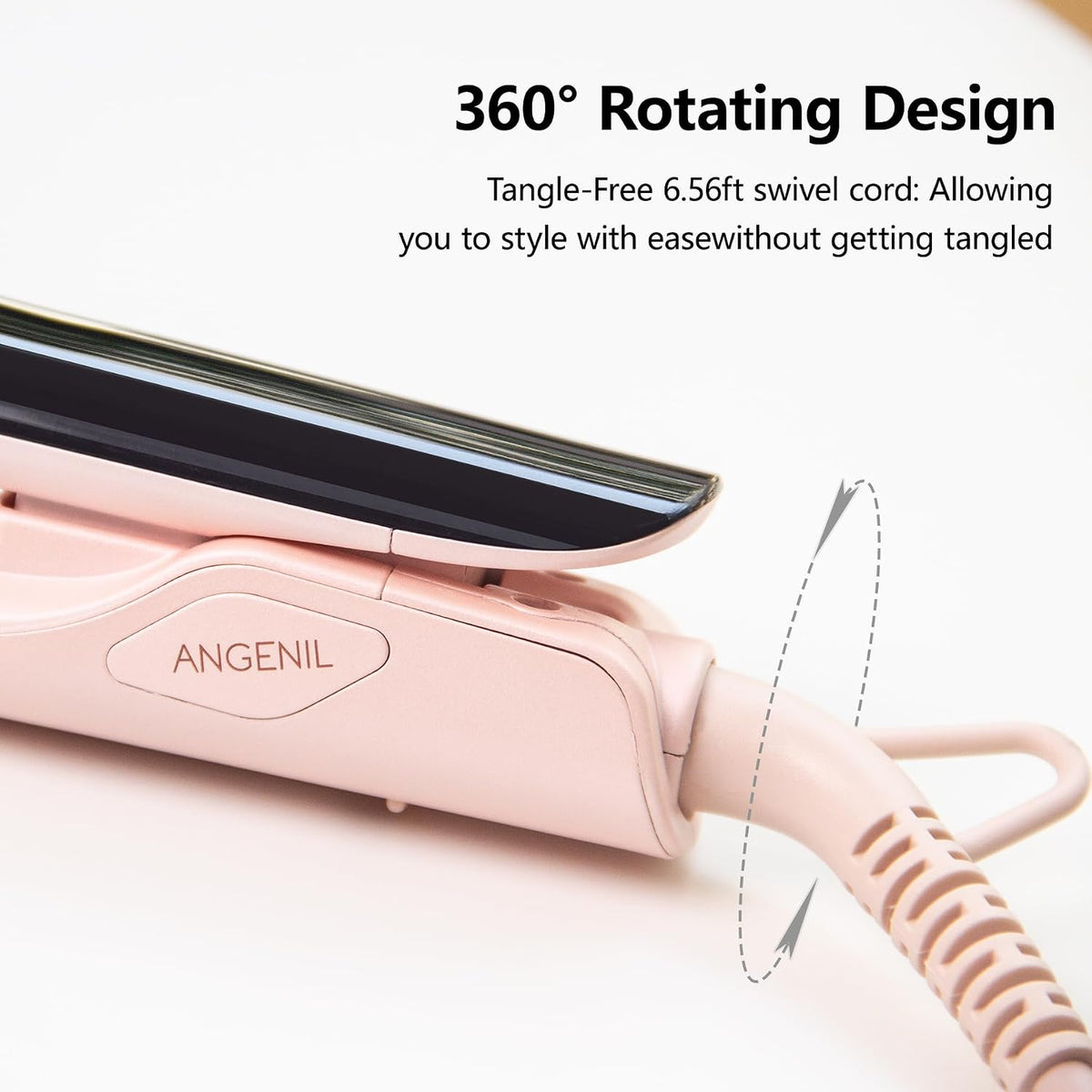 Pro Titanium Flat Iron Hair Straightener and Curler 2 in 1 with Heat Resistant Silicone Mat, Round Pink Dual Voltage Hair Straightener Irons, Smoothness, Large LCD Display, 20s Fast Heating