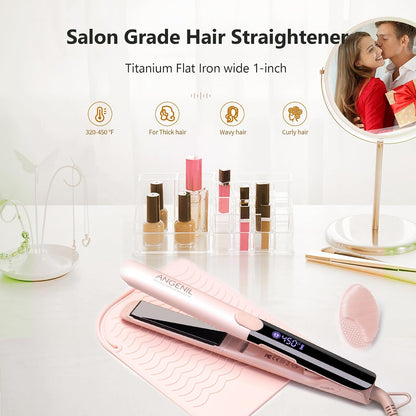 Pro Titanium Flat Iron Hair Straightener and Curler 2 in 1 with Heat Resistant Silicone Mat, Round Pink Dual Voltage Hair Straightener Irons, Smoothness, Large LCD Display, 20s Fast Heating