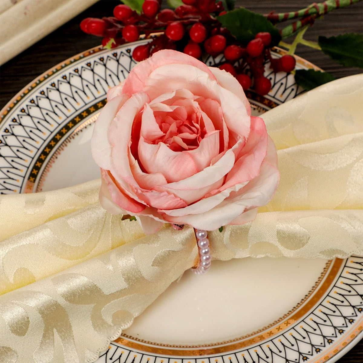 Pink Flower Napkin Rings Set of 12 Rose Pearl Napkins Holders Rustic Dinner Table Rings for Wedding Party Banquet Birthday Table Decor, 1.9 x 4.1 in