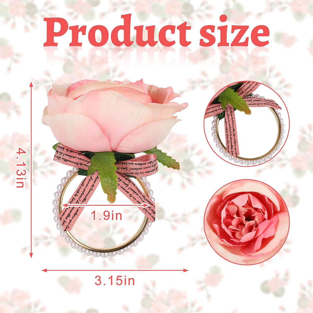 Pink Flower Napkin Rings Set of 12 Rose Pearl Napkins Holders Rustic Dinner Table Rings for Wedding Party Banquet Birthday Table Decor, 1.9 x 4.1 in
