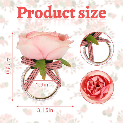 Pink Flower Napkin Rings Set of 12 Rose Pearl Napkins Holders Rustic Dinner Table Rings for Wedding Party Banquet Birthday Table Decor, 1.9 x 4.1 in