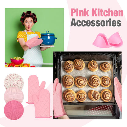 Valentines Day Oven Mitts and Pot Holders Sets Cotton Thread Weave Pot Holder Silicone Oven Heat Resistant Gloves with Hot Pads Pink Kitchen Decor for Women Gifts Cooking Baking(Pink)