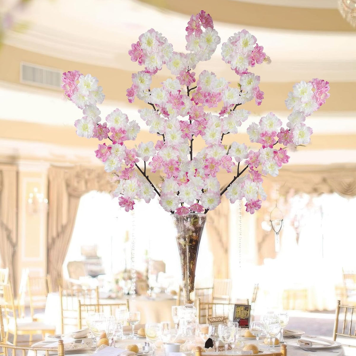 2 Pcs Artificial Cherry Blossom Flowers Branches Pink Faux Cherry Blossom Long Stem 41" Silk Cherry Blossom Tree Tall Fake Flower Arrangement for Home Wedding Centerpieces Spring Indoor Decor