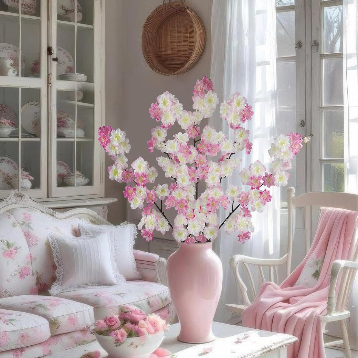 2 Pcs Artificial Cherry Blossom Flowers Branches Pink Faux Cherry Blossom Long Stem 41" Silk Cherry Blossom Tree Tall Fake Flower Arrangement for Home Wedding Centerpieces Spring Indoor Decor
