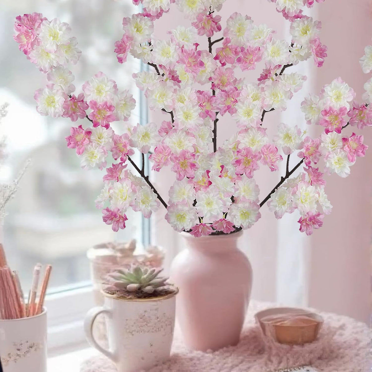 2 Pcs Artificial Cherry Blossom Flowers Branches Pink Faux Cherry Blossom Long Stem 41" Silk Cherry Blossom Tree Tall Fake Flower Arrangement for Home Wedding Centerpieces Spring Indoor Decor