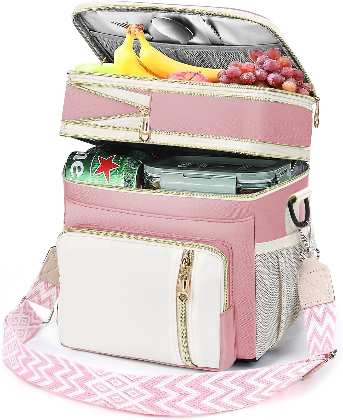 Lunch Box & Lunch Bag for Women Men Double Deck, Large Insulated Adult Lunch Box Leakproof Lunchbox Cooler Bag for Work Picnic Beach,（Pink&White 16L）