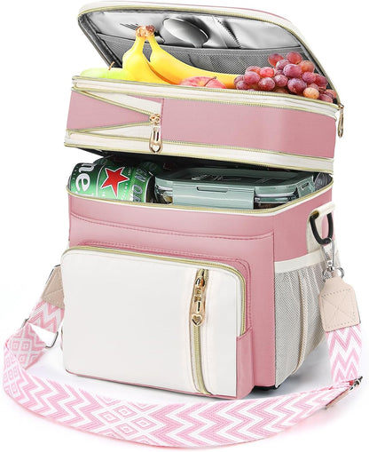 Lunch Box & Lunch Bag for Women Men Double Deck, Large Insulated Adult Lunch Box Leakproof Lunchbox Cooler Bag for Work Picnic Beach,（Pink&White 16L）