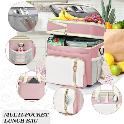 Lunch Box & Lunch Bag for Women Men Double Deck, Large Insulated Adult Lunch Box Leakproof Lunchbox Cooler Bag for Work Picnic Beach,（Pink&White 16L）